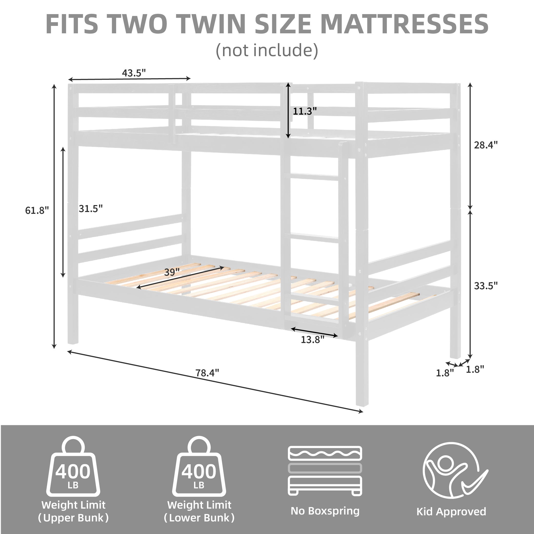 Twin Over Twin Bunk Bed With Ladder,Wooden Bunk Bed With High Guardrail And Ladder For Kids, Teens, Dorm Rooms, And Guest Rooms,No Box Spring Needed,White_voghion.com